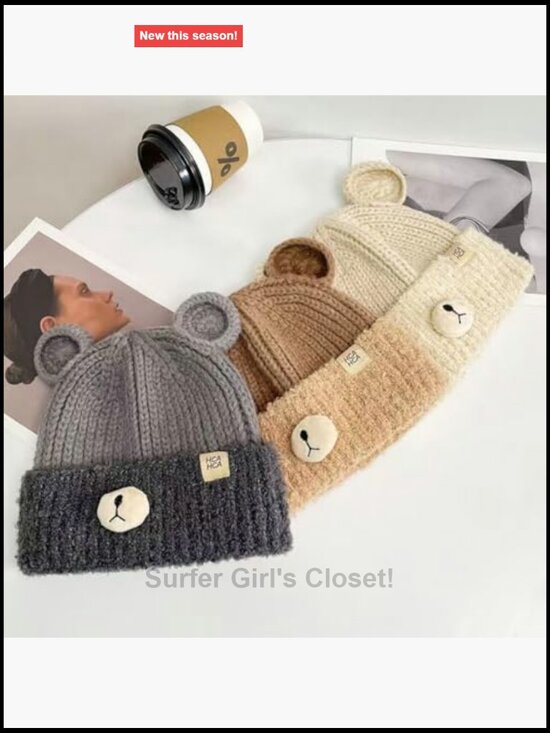 Crochet Y2K Beanie Knit Bear Ear Hat Furry Slouchy Beanies Cute Plush Fuzzy main image 6